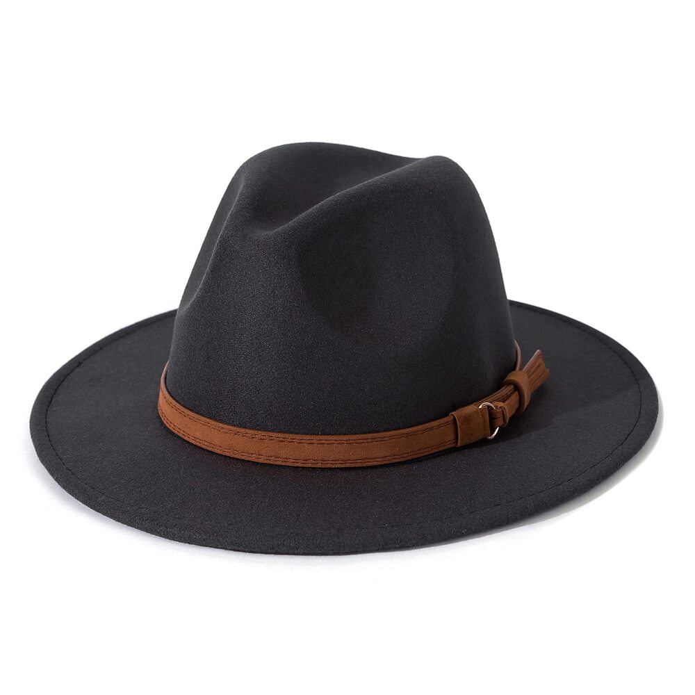 5452 & Vintage Wide Brim Fedora Hat with Belt Buckle A-Dark Grey 59-60cm